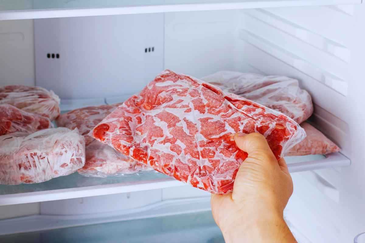 Carne tra le mani di una persona sullo sfondo un freezer