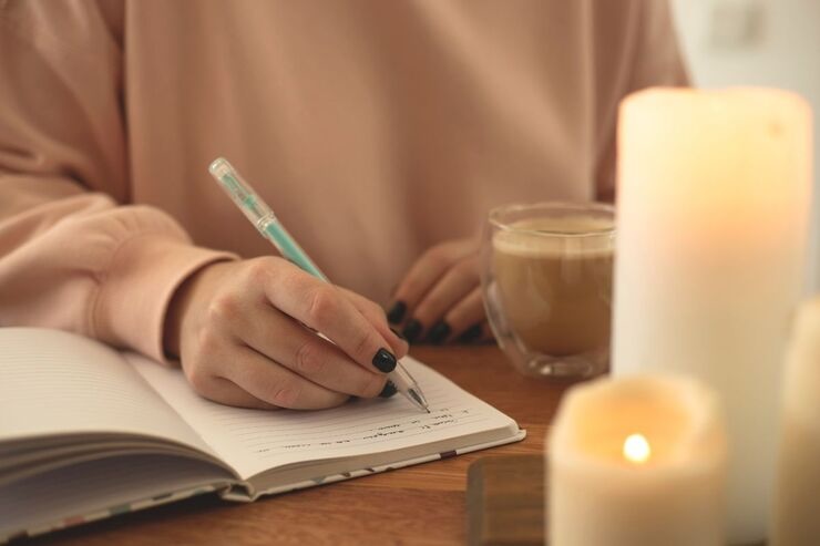 Mano di donna con smalto nero che scrive su un quaderno usando una penna verde