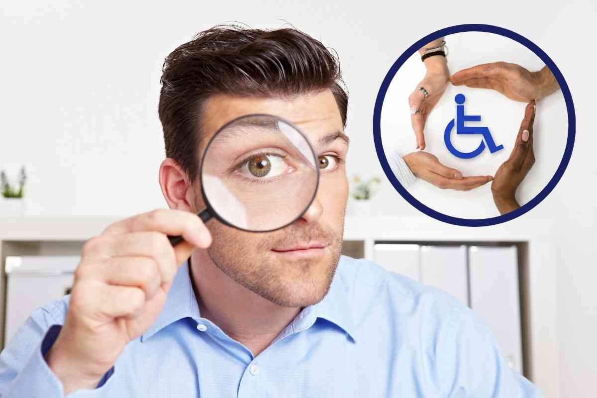 Uomo con lente di ingrandimento e simbolo disabilità