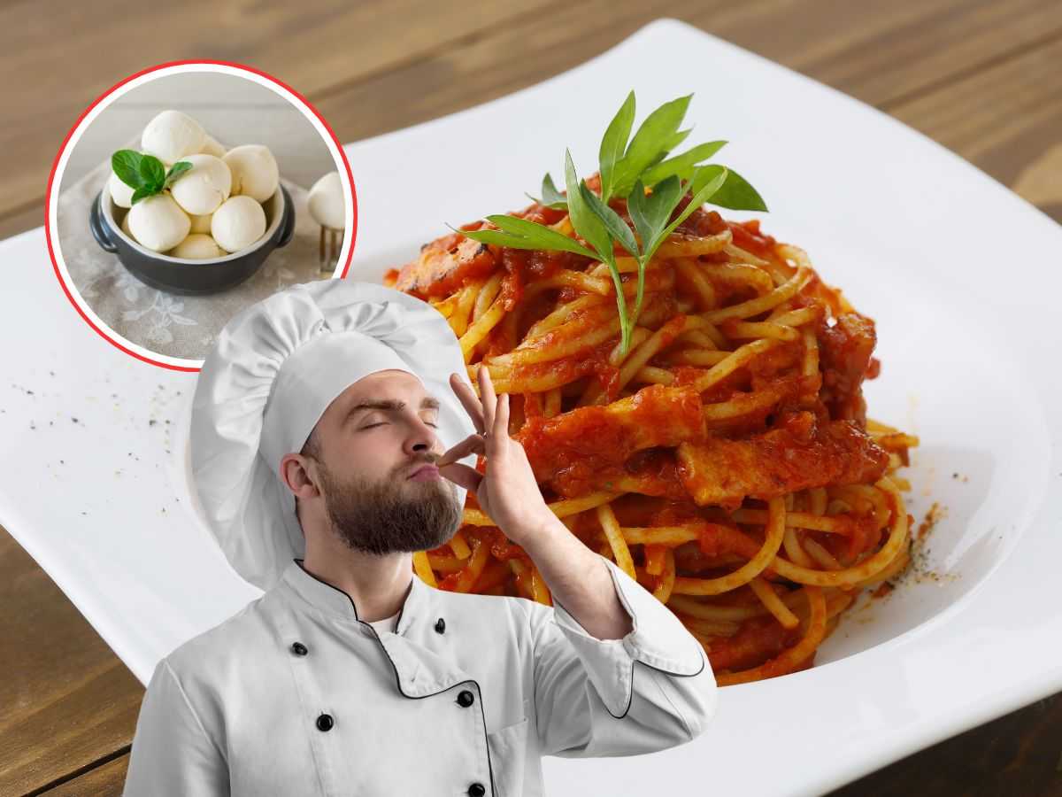 piatto di spaghetti al sugo con mozzarella e chef